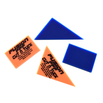 Fusion PPF Cut n Tuck 4 custom shaped, dual ply squeegee, orange has 85 durometer, blue has 94 durometer